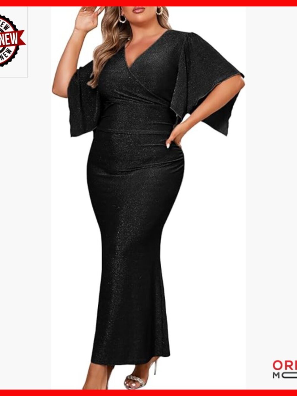 Plus Size Sparkly Maxi Dress Formal Evening Gown V-Neck Wrap Sleeves